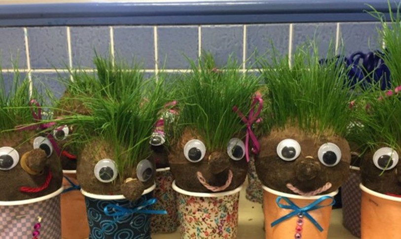 A row of handmade grass head characters sits in colorful cups. Each soil head features plastic googly eyes, a smiling yarn mouth, and growing green grass for hair.